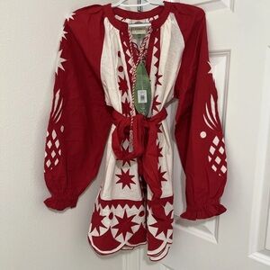 Farm Rio Red Tropical Cutwork Scalloped Hem Mini Dress with Self Tie Belt